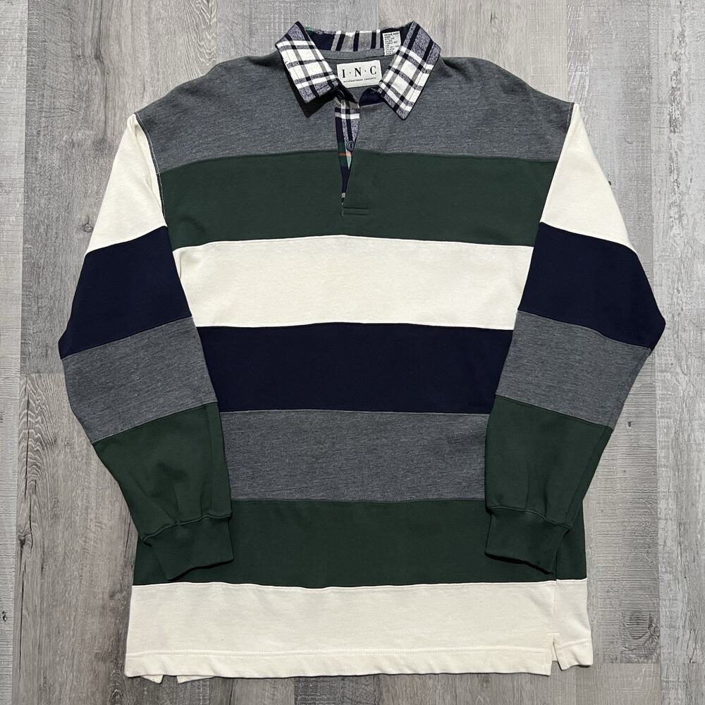 Inc International Concepts Striped Rugby Long Sleeve Preppy Plaid Collar Shirt M